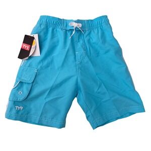 256. New TYR Boys Swim Trunks Light Blue Cargo Pocket UPF 50+ Board Shorts S 6/7
